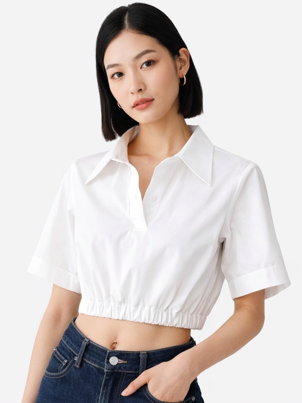 White Cropped Shirt Elastic Waist Minimalist Korean Designer WE11DONE Sz L